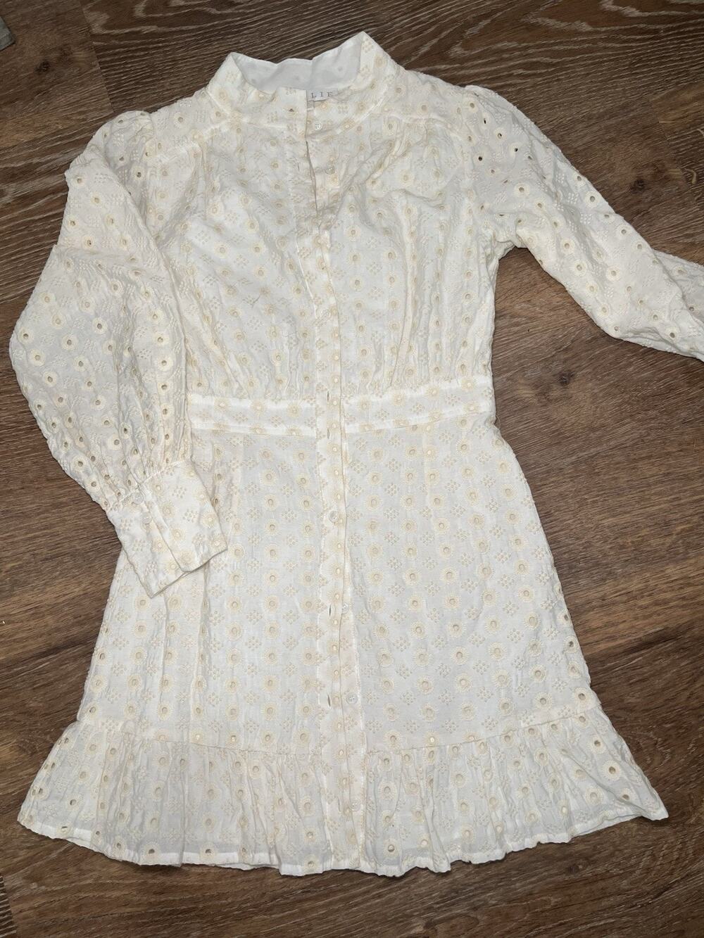 Karlie Eyelet Mini Dress Womens Small Cream Embroidered Puff Sleeve Button Down